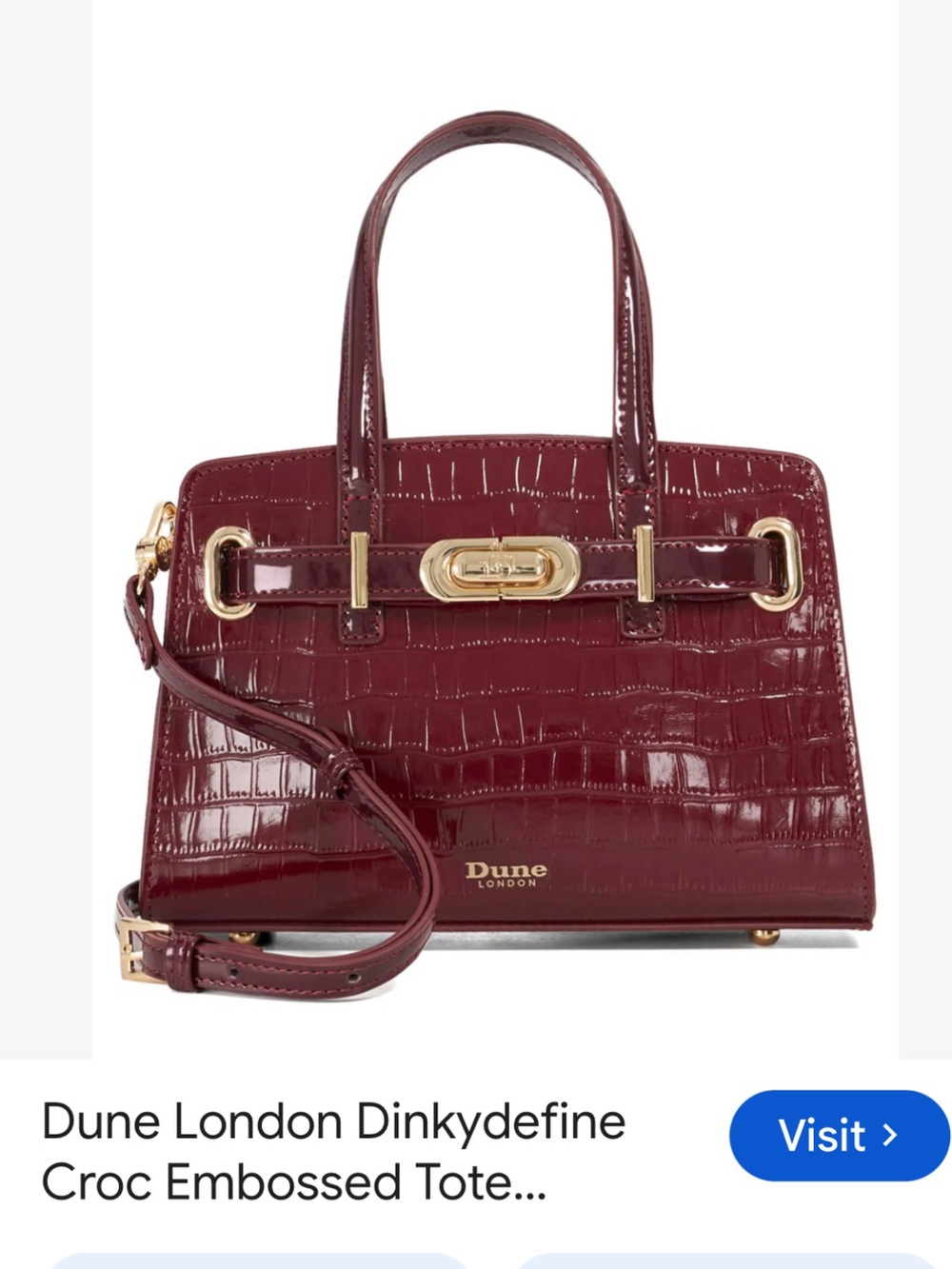 Dune London Croc-Embossed Tote in Burgundy with Gold Hardware